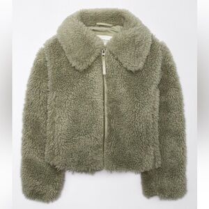 American eagle sherpa teddy bear Cozy Olive Green Faux Fur Jacket